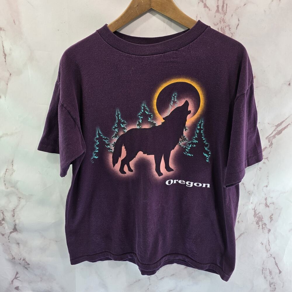 Vintage Wolf Shirt Womens Large Oregon Boxy Single StitchTee Crew Neck 70s 90s